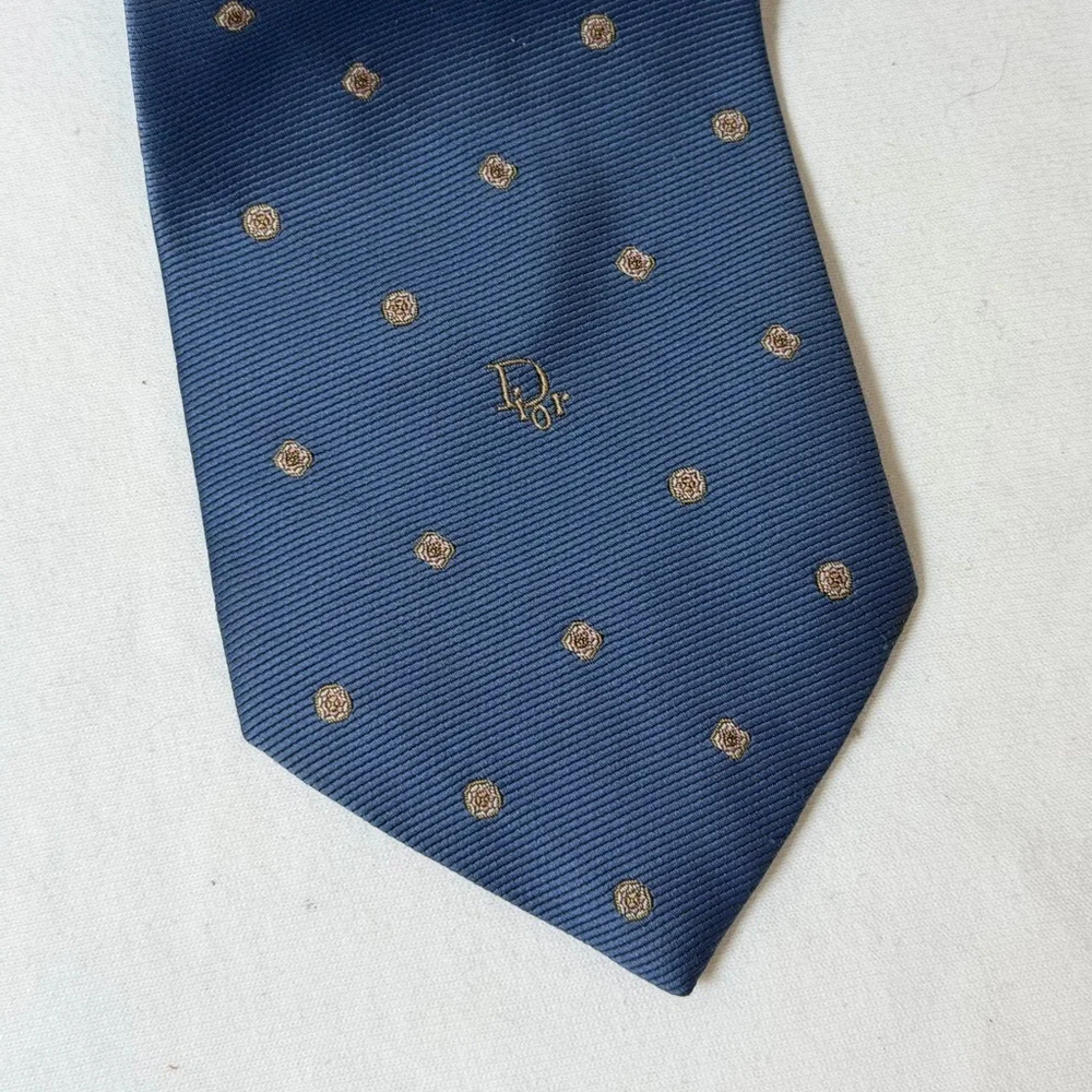Classic Christian Dior Modern Width Navy Tie with Gold Accents and Dior Logo
